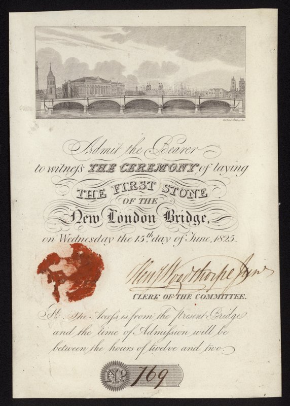 Billet pour la cérémonie de pose de la première pierre du nouveau pont de Londres - English School