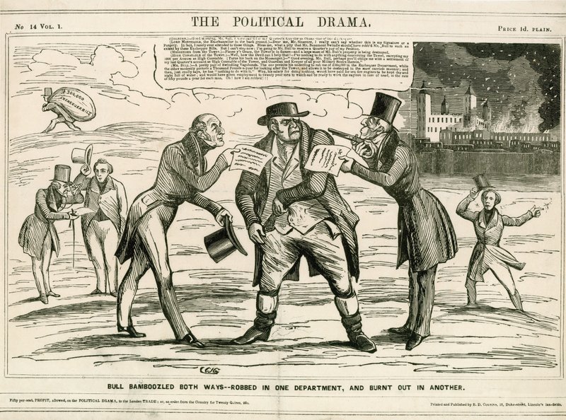 Incendie de la tour de Londres, 1841. Dessin humoristique - English School