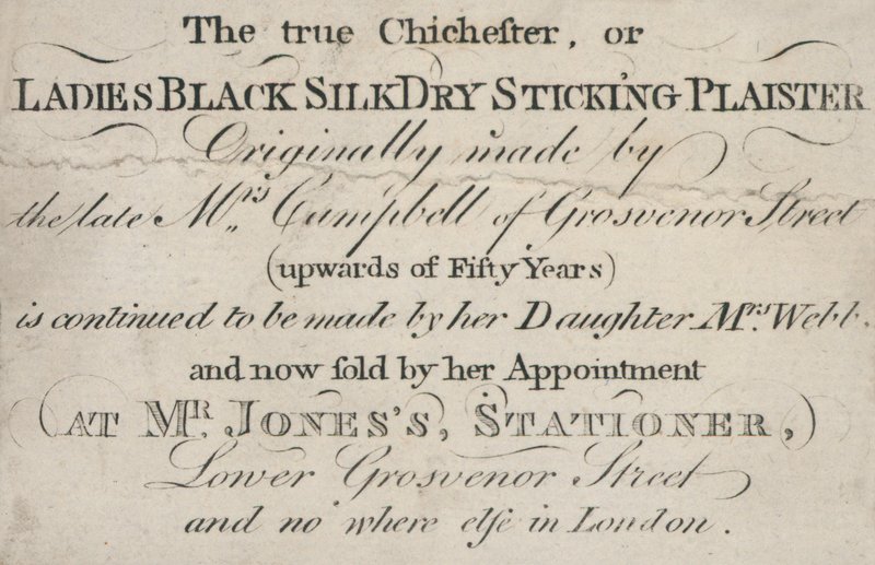 Carte de visite de The True Chichester, ou Ladies Black Silk Dry Sticking Plaister - English School