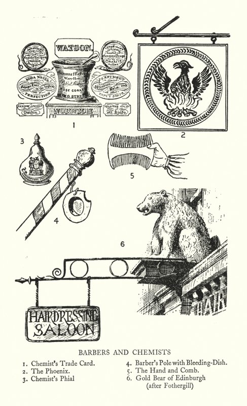 Enseignes commerciales : Barbiers et pharmaciens (lithographie) - English School