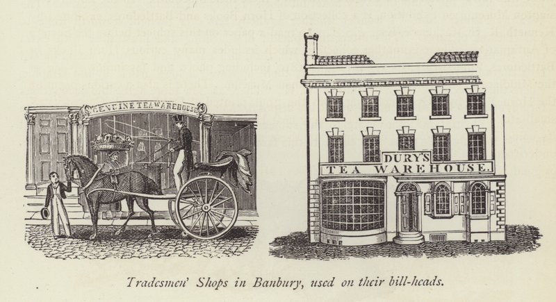 Boutiques de commerçants à Banbury, utilisées sur leurs en-têtes de factures - English School