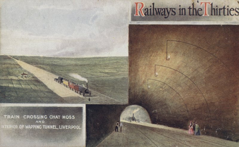 Train traversant Chat Moss et intérieur du tunnel de Wapping, Liverpool - English School