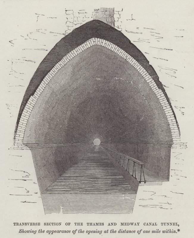 Section transversale du tunnel du canal de la Tamise et de la Medway (gravure) - English School