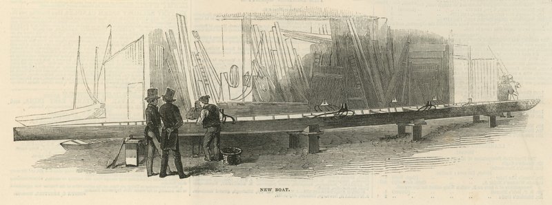 Deux hommes inspectent un nouveau bateau en construction - English School