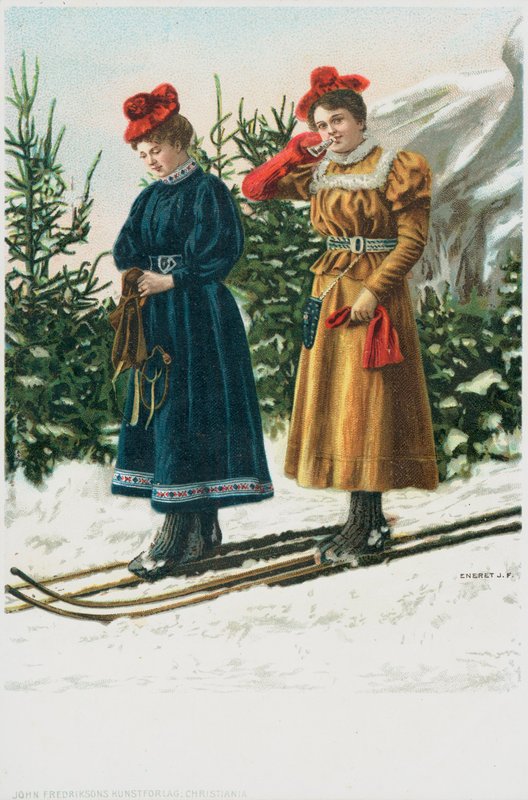 Deux femmes sur des skis descendant un paysage enneigé - English School