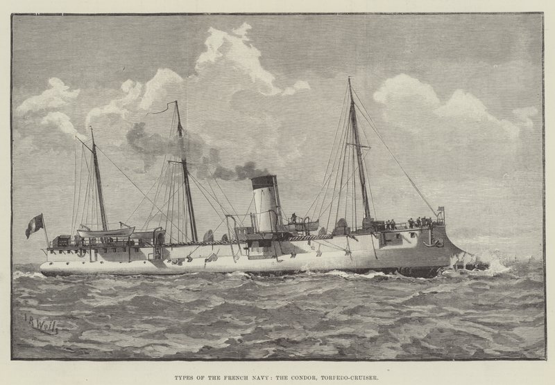 Types de la marine française, le Condor, croiseur torpilleur (gravure) - English School