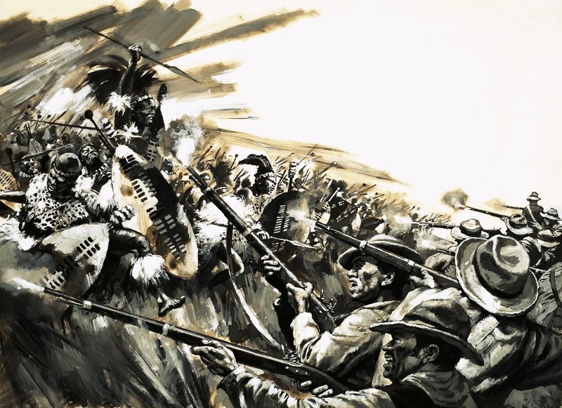 Bataille non identifiée avec des guerriers zoulous, peut-être Roarke