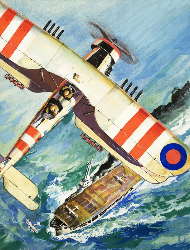 Biplan non identifié survolant un porte-avions - English School