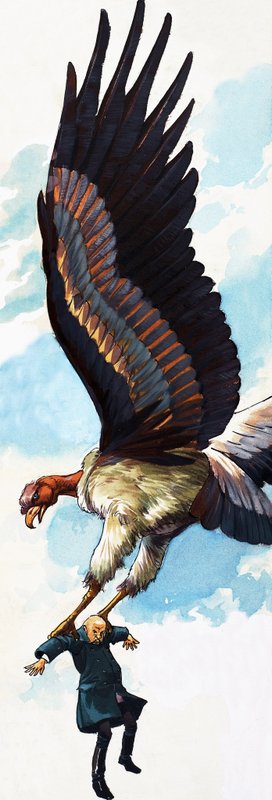 Illustration de conte populaire non identifié représentant un homme porté par un oiseau géant - English School