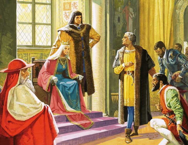 Scène non identifiée avec un homme agenouillé devant la reine et ses courtisans - English School