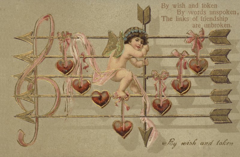 Carte de Saint-Valentin, avec Cupidon, flèche et partition musicale - English School