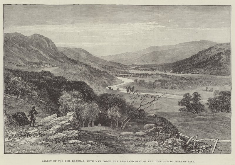 Vallée de la Dee, Braemar, avec Mar Lodge, la résidence des Highlands du duc et de la duchesse de Fife (gravure) - English School