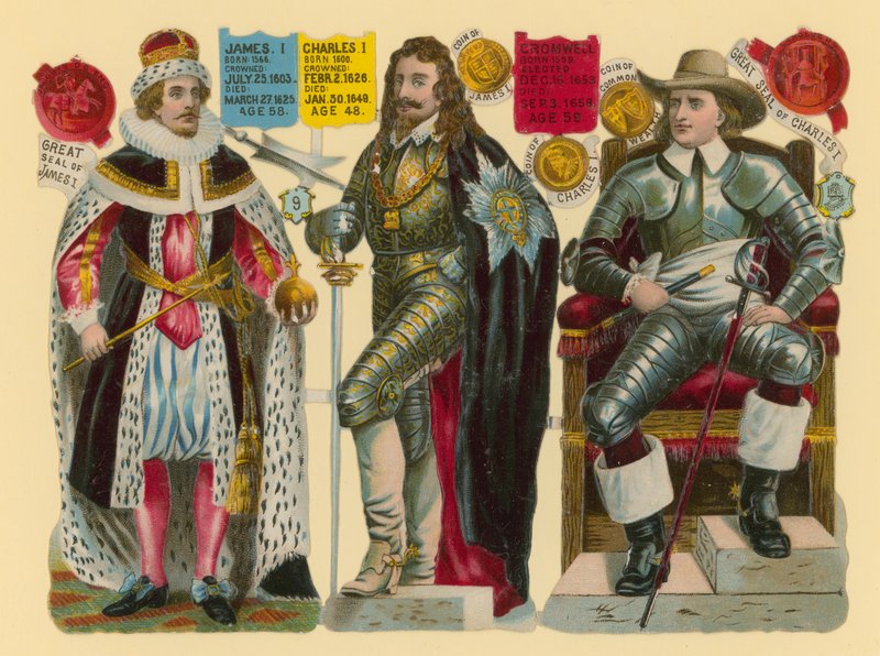 Image victorienne : Roi Jacques Ier, Roi Charles Ier, Oliver Cromwell - English School