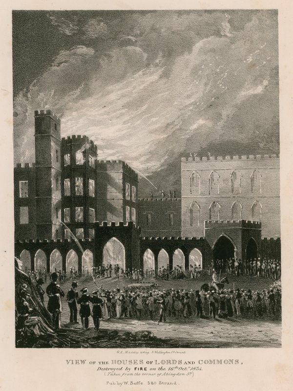 Vue des Chambres des Lords et des Communes, détruites par le feu le 16 octobre 1834 - English School