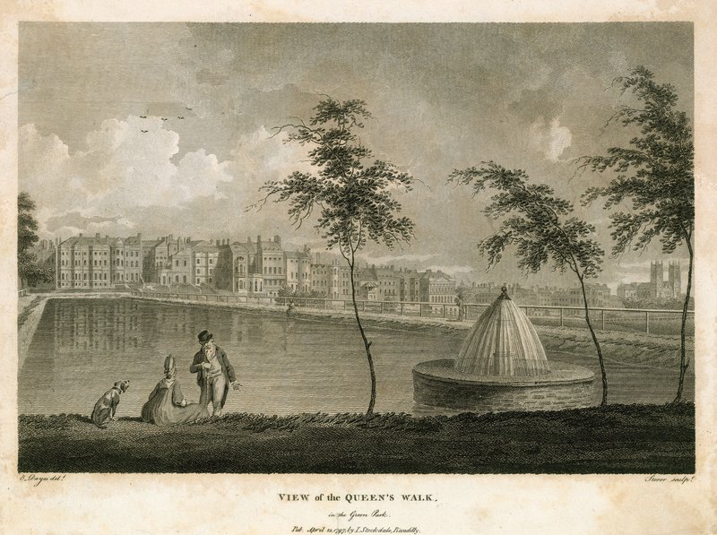 Vue de la promenade de la Reine dans le Green Park - English School