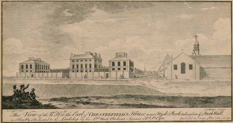Vue de la maison du très honorable comte de Chesterfield près de Hyde Park, prise du mur du parc - English School