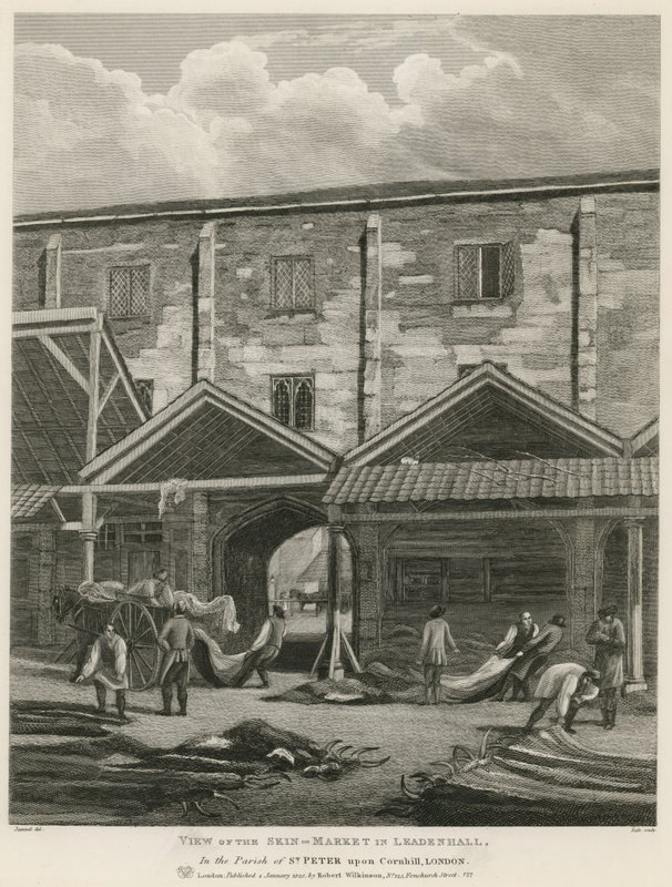 Vue du marché aux peaux à Leadenhall, dans la paroisse de St Peter upon Cornhill, Londres - English School