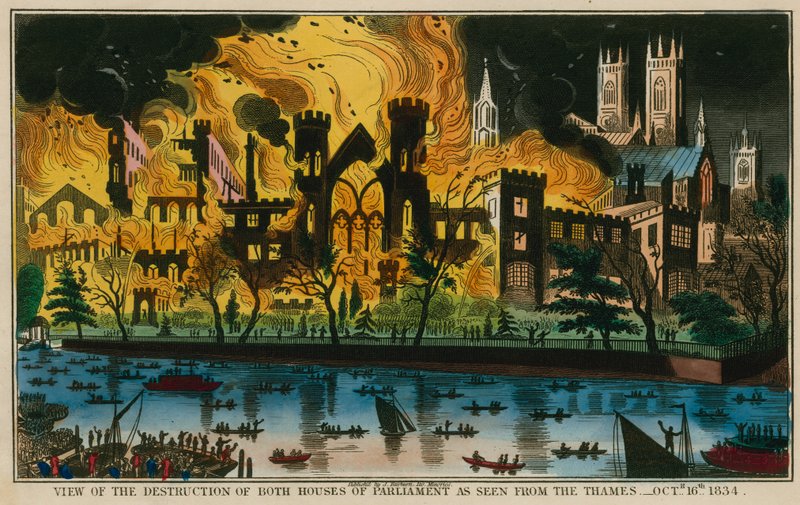 Vue de la destruction des deux Chambres du Parlement vue depuis la Tamise, 16 octobre 1834 - English School