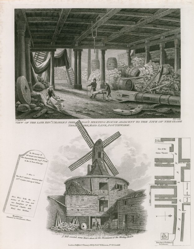 Vue de la maison de réunion du révérend Charles Skelton adjacente au site du Globe Theatre - English School