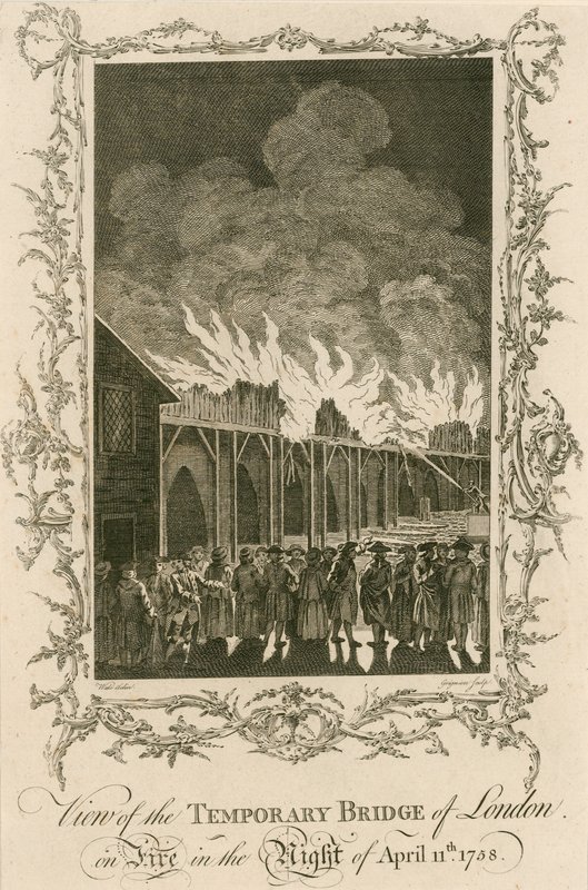 Vue du pont temporaire de Londres en feu dans la nuit du 11 avril 1758 - English School