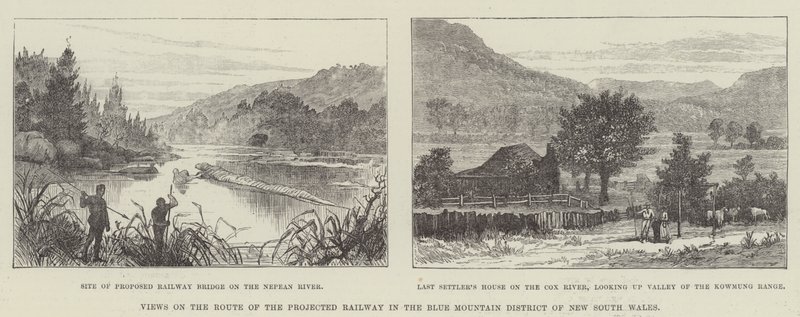 Vues sur la route du chemin de fer projeté dans le district des Blue Mountains de Nouvelle-Galles du Sud (gravure) - English School