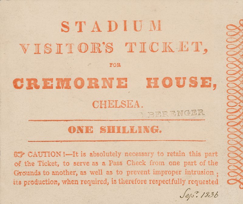 Billet de visite pour le stade, Cremorne House, Londres, septembre 1836 - English School