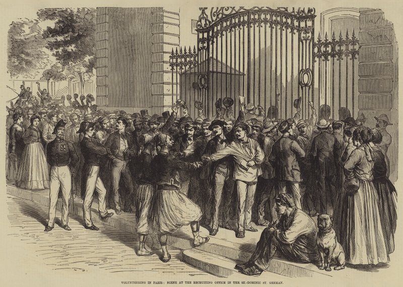 Volontariat à Paris, scène au bureau de recrutement de Saint-Dominique, Saint-Germain (gravure) - English School