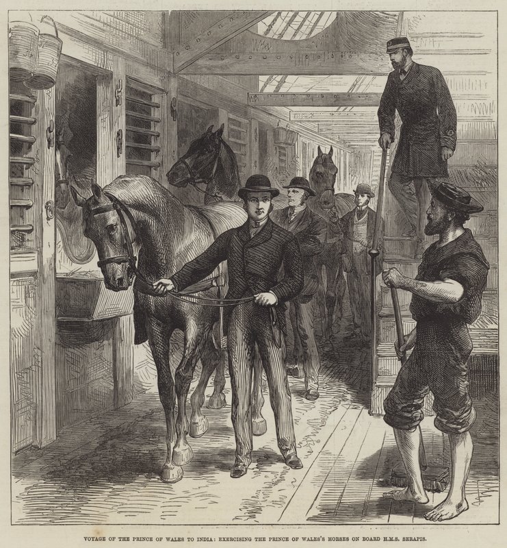 Voyage du Prince de Galles en Inde, exercice des chevaux du Prince de Galles à bord du HMS Serapis - English School