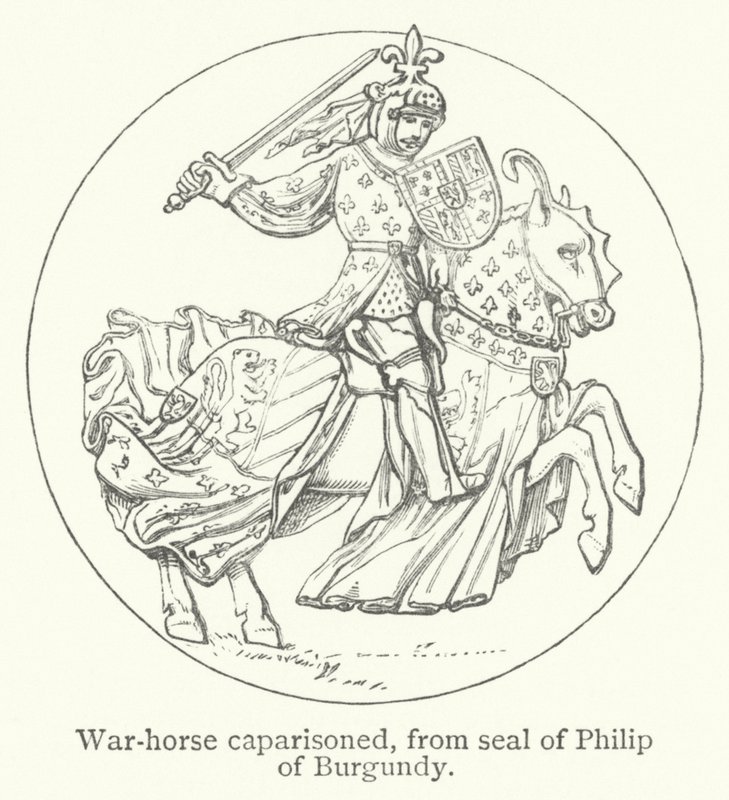 Cheval de guerre caparaçonné (gravure) - English School