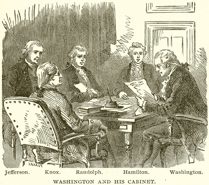 Washington et son cabinet. Jefferson. Knox. Randolph. Hamilton. Washington - English School