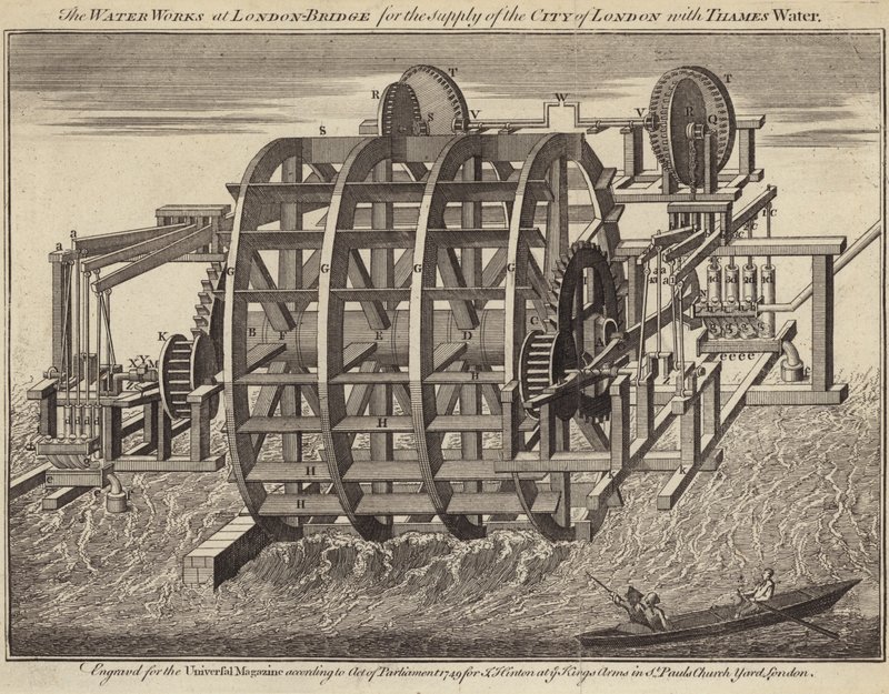 Travaux hydrauliques au pont de Londres (gravure) - English School
