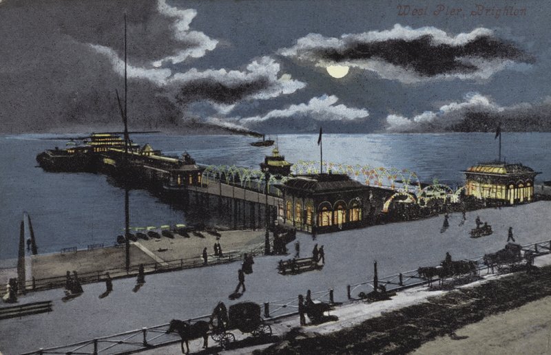 West Pier, Brighton, Sussex (lithographie en couleur) - English School