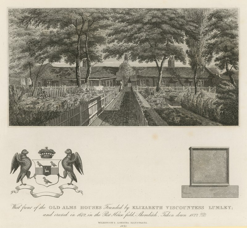 Façade ouest des anciennes aumônes fondées par Elizabeth Viscountess Lumley (gravure) - English School