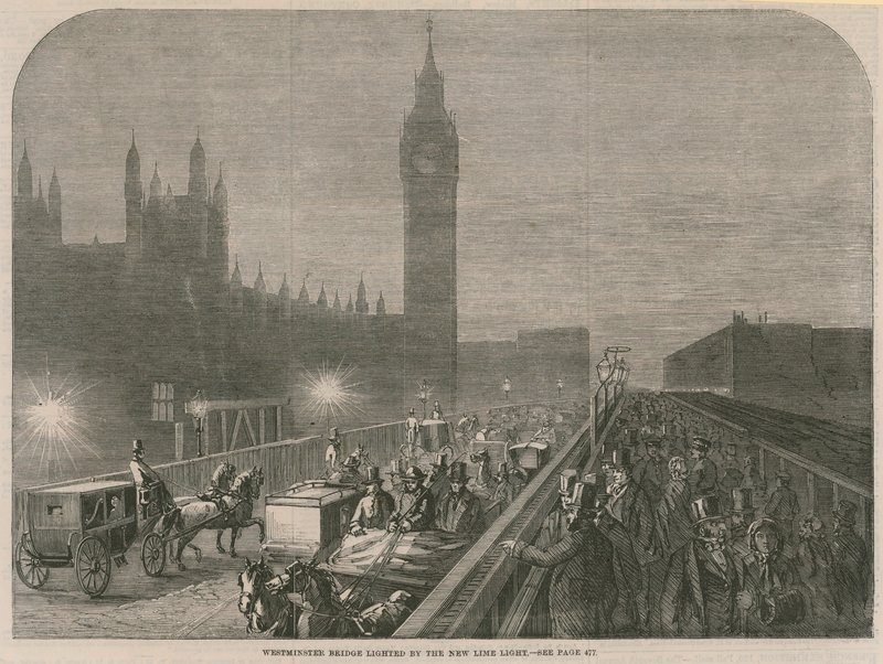 Pont de Westminster éclairé par la nouvelle lumière à chaux - English School
