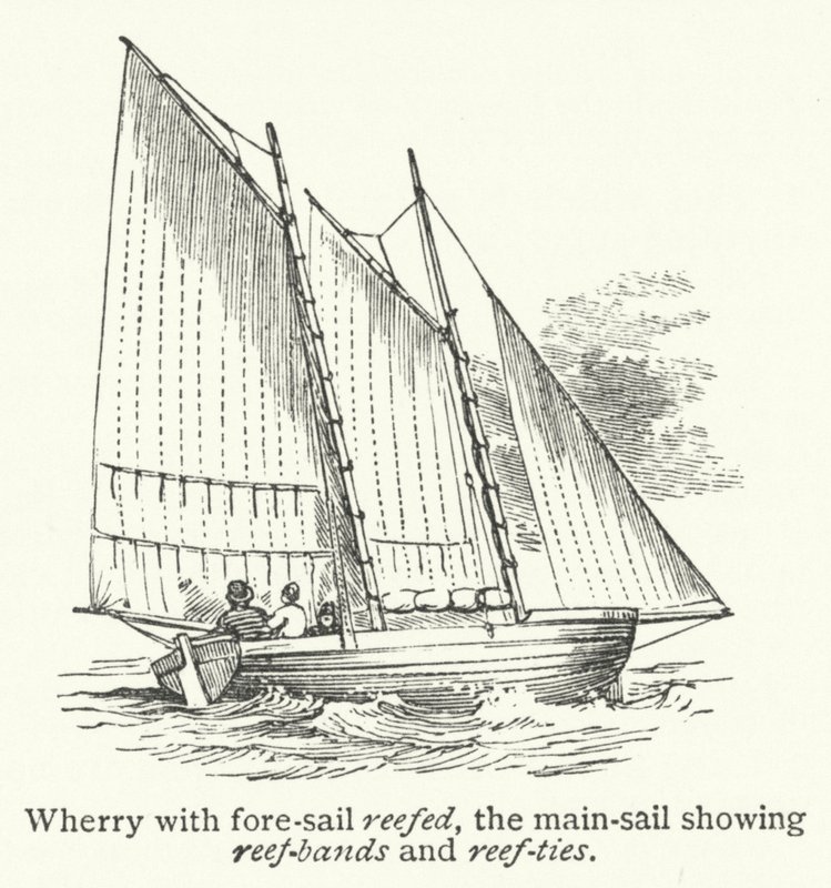 Wherry avec la voile avant réduite, la grand-voile montrant les bandes de ris et les attaches de ris (gravure) - English School