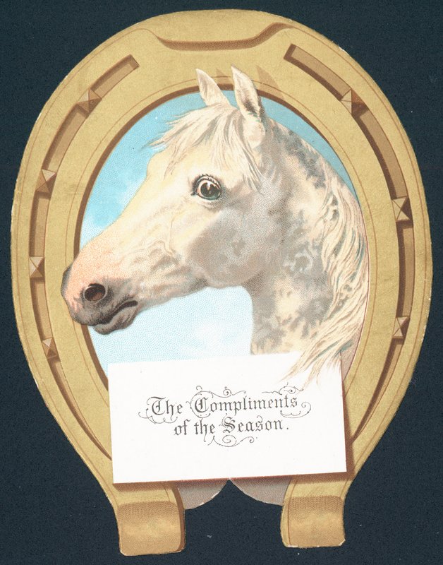 Cheval blanc et fer à cheval, Carte de Noël - English School