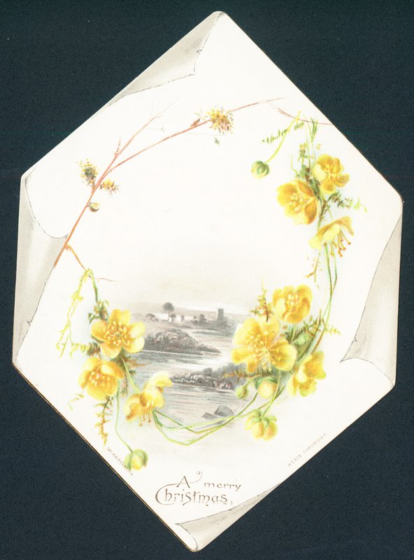 Roses jaunes sauvages et scène de campagne, Carte de Noël - English School