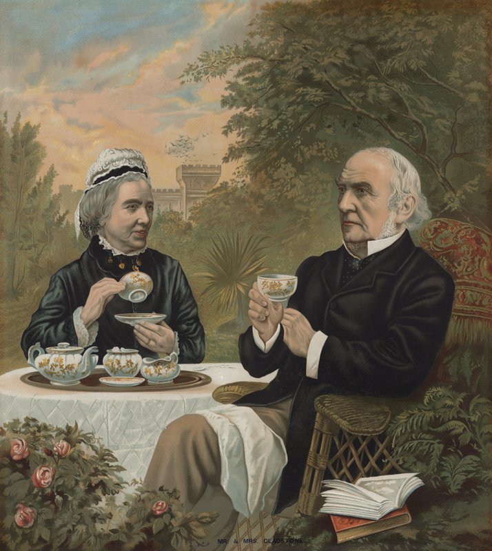 William Ewart Gladstone, homme politique libéral britannique et Premier ministre, prenant le thé avec sa femme Harriet, 1891 - English School