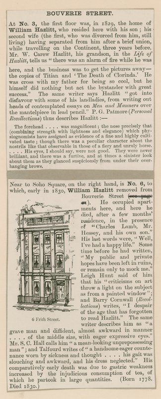 William Hazlitt et 6 Frith Street - English School