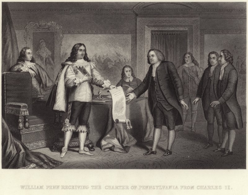 William Penn recevant la charte de Pennsylvanie de Charles II - English School