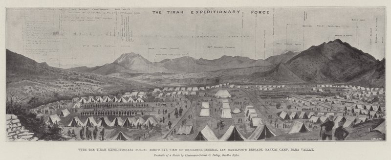 Avec la force expéditionnaire de Tirah, vue aérienne de la brigade du brigadier-général Ian Hamilton, camp de Barkai, vallée de Bara (lithographie) - English School
