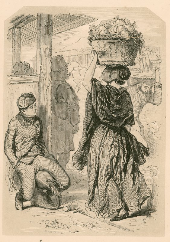Femme portant un panier au marché de Covent Garden, Londres - English School