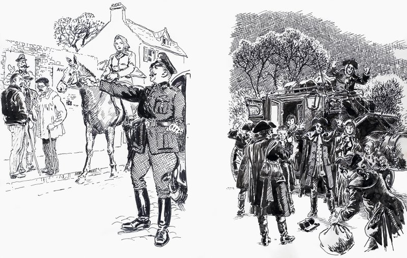 Femme à cheval avec officier et bandits de grand chemin - English School