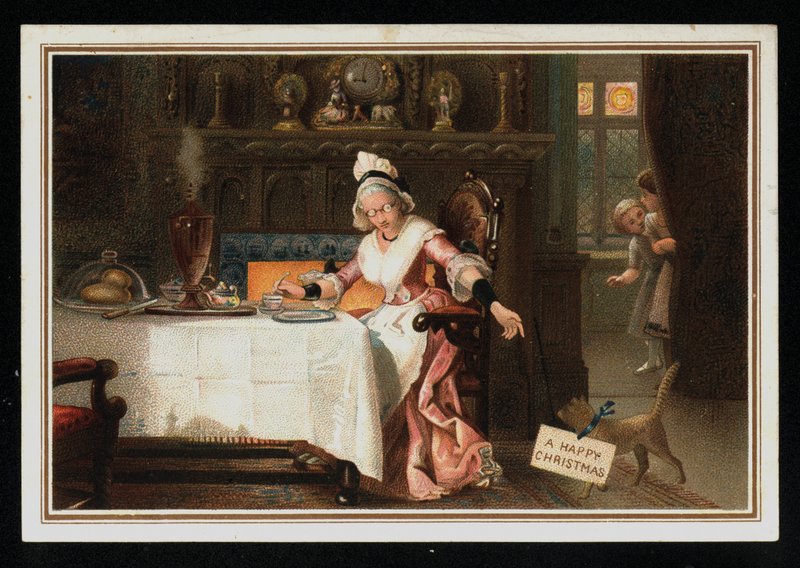Femme prenant le thé avec son chat, carte de vœux de Noël - English School