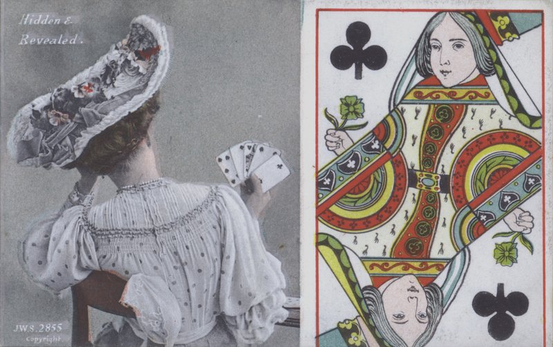 Femme avec des cartes à jouer et la reine de trèfle (lithographie en couleur) - English School