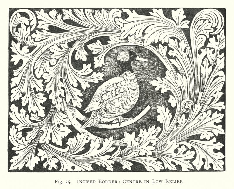 Sculpture sur bois : Bordure incisée, centre en bas-relief - English School