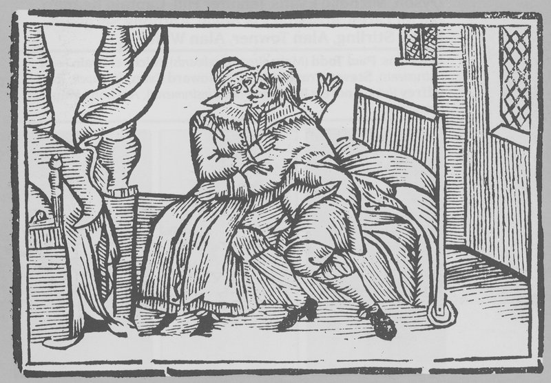 Gravure représentant un homme et une femme assis sur un lit - English School