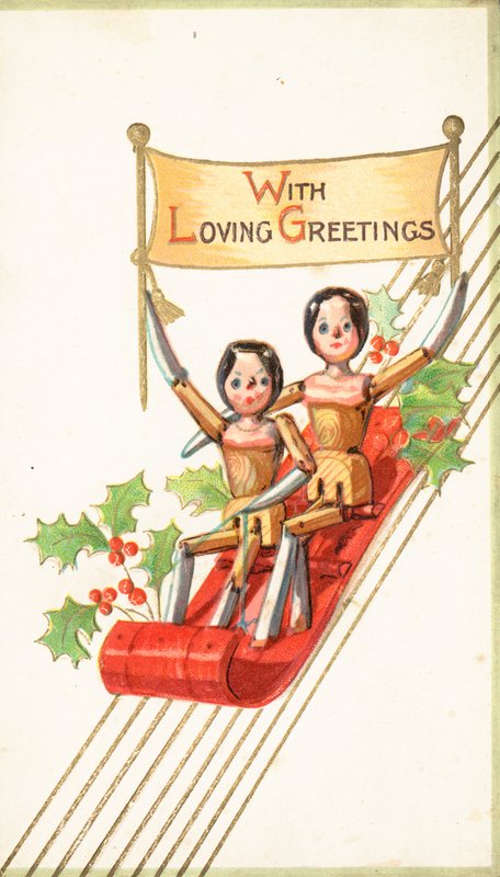 Poupées en bois faisant de la luge, Carte de Noël - English School