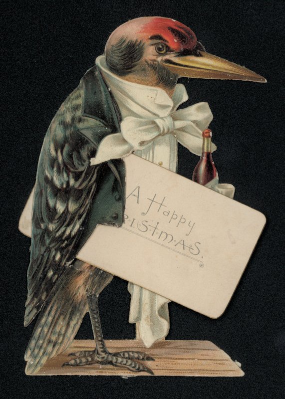 Pic vert habillé en serveur ou majordome, carte de vœux de Noël (chromolithographie) - English School