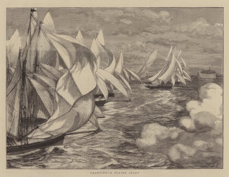 Yachting, un départ en vol (gravure) - English School
